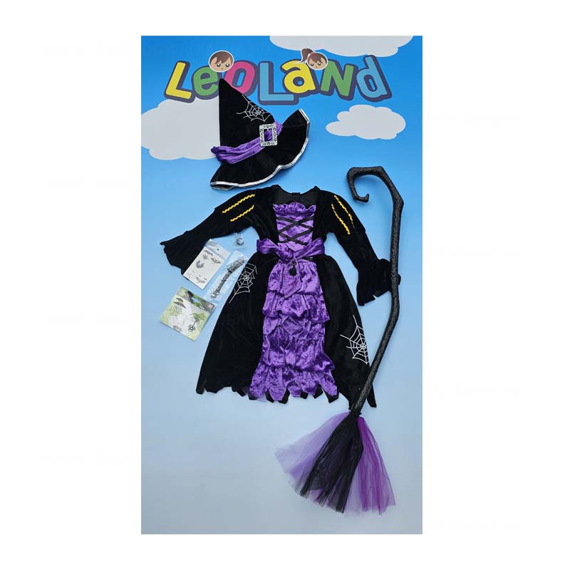 Boszorkany gyerek lany halloween vagy farsangi jelmez kiegeszitokkel sepru kalap gyuru tetovalas