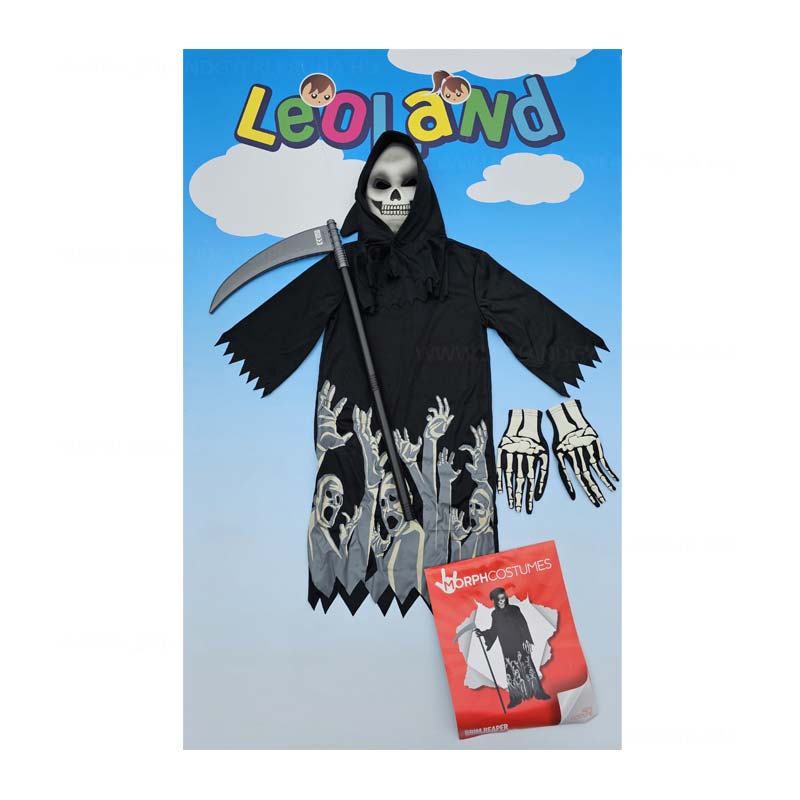 Kaszas gyerek halloween jelmez kiegeszitokkel kesztyu es kasza maszk sotetben foszforeszkalo