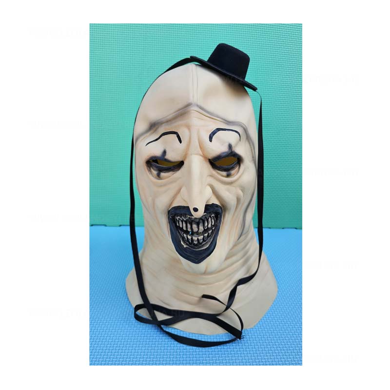 Terrifier Art Bohoc latex halloween maszk kalappal.